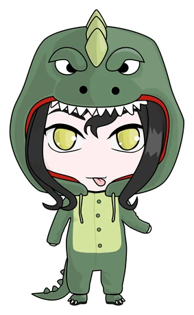 A chibi tucked inside a green dinosaur hoodie